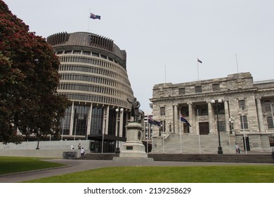 New Zealand, Wellington - January 10 2020: the view of Beehive and New Zealand Parliament building facade on January 10 2020 in Wellington, New Zealand.
