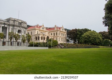 New Zealand, Wellington - January 10 2020: front view of New Zealand Parliament buildings and Parliamentary Library on January 10 2020 in Wellington, New Zealand.