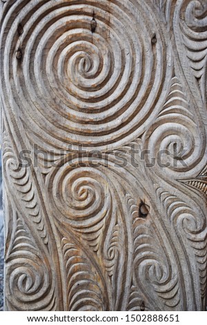 New Zealand wooden Maori carving close up detail