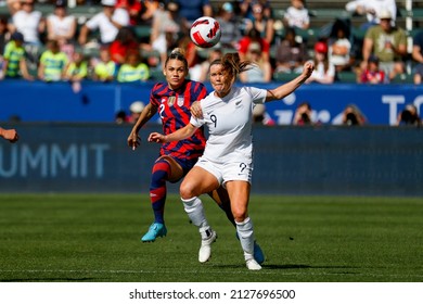 New Zealand's Gabi Rennie (9) And United States' Trinity Rodman (2) Vie For The Ball During The She Believes Cup Soccer Match Feb. 20, 2022, In Carson, Calif.