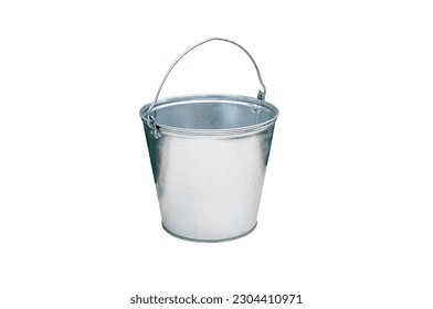New zinc bucketful on white background, bucket isolation, metal pail, garden and farming tool