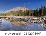 NE-ward view from the Bow River right, SW bank to the crenellated Castle Mountain massif: Helena Ridge in right background, then Eisenhower Tower, then Brewer Buttress, et al. Banff NP-Alberta-Canada.