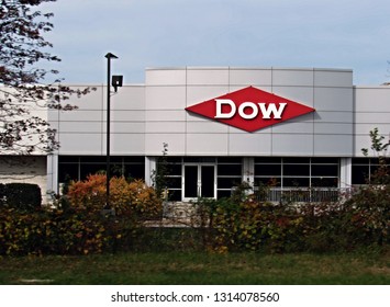 Newark, Delaware/USA - November 6, 2016: Stainless steel facade of a building bearing the Dow Chemical name and logo