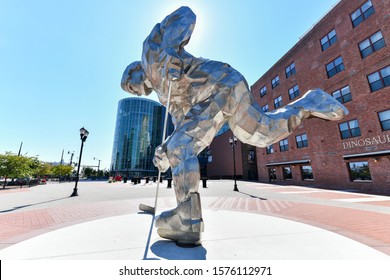 Newark, New Jersey - Sept 21, 2019: Giant steel hockey player sculpture "Man of Steel" at the New Jersey Devils Championship Plaza outside the Prudential Center in Newark, New Jersey.