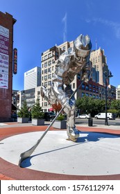 Newark, New Jersey - Sept 21, 2019: Giant Steel Hockey Player Sculpture 