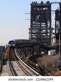 NEWARK, NEW JERSEY, USA - NOVEMBER 1, 2018: PATH Train Arriving To Harrison Station In Newark, New Jersey