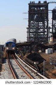 NEWARK, NEW JERSEY, USA - NOVEMBER 1, 2018: PATH Train Arriving To Harrison Station In Newark, New Jersey