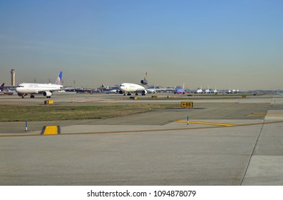 NEWARK, NJ -11 APR 2018- Planes Queuing Up For Take-off Newark Liberty International Airport (EWR),  A Major Hub For United Airlines And The Second Busiest Airport For The New York Area.