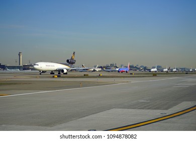 NEWARK, NJ -11 APR 2018- Planes Queuing Up For Take-off Newark Liberty International Airport (EWR),  A Major Hub For United Airlines And The Second Busiest Airport For The New York Area.