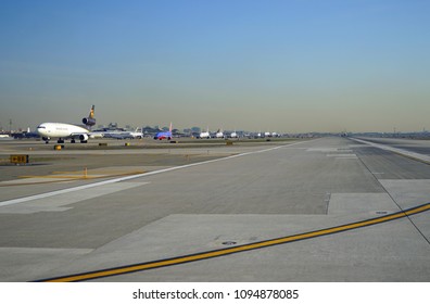 NEWARK, NJ -11 APR 2018- Planes Queuing Up For Take-off Newark Liberty International Airport (EWR),  A Major Hub For United Airlines And The Second Busiest Airport For The New York Area.