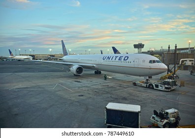 NEWARK, NJ -15 SEP 2017- A Boeing 767-400 airplane from United Airlines (UA) at Newark Liberty International Airport (EWR) in New Jersey.
