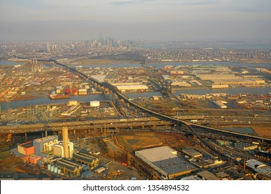 NEWARK, NJ -30 MAR 2019- Aerial view of the New Jersey turnpike and Port Newark in Elizabeth near Newark Liberty International Airport (EWR).