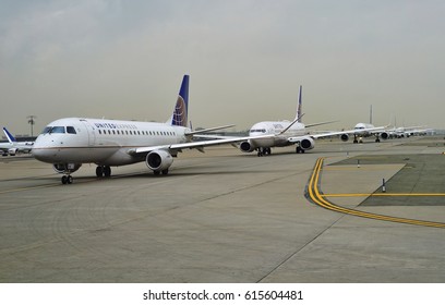 NEWARK, NJ -5 APR 2017- Planes Queuing Up For Take-off Newark Liberty International Airport (EWR),  A Major Hub For United Airlines And The Second Busiest Airport For The New York Area.