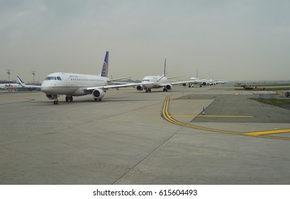 NEWARK, NJ -5 APR 2017- Planes Queuing Up For Take-off Newark Liberty International Airport (EWR),  A Major Hub For United Airlines And The Second Busiest Airport For The New York Area.