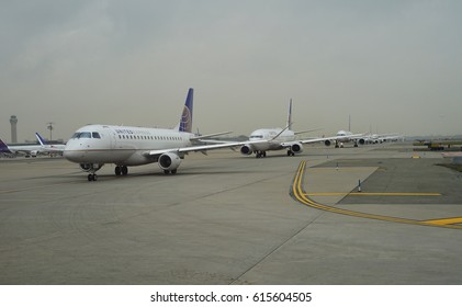 NEWARK, NJ -5 APR 2017- Planes Queuing Up For Take-off Newark Liberty International Airport (EWR),  A Major Hub For United Airlines And The Second Busiest Airport For The New York Area.