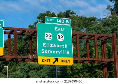 Newark, NJ - August 10, 2022: Garden State Parkway Exit 140 B,East Route 22, 82 Morris Ave,Eliabeth NJ And Somerville NJ,Exit Only Sign
