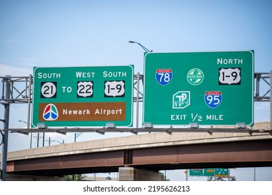 Newark, NJ - August 20, 2022: South Route 21 To Route 22,1-9,Newark Airport,Interstate 78,Garden State Parkway,Turnpike,Interstate 95, Sign
