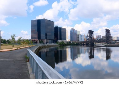 Newark, NJ - June 28 2020: View of the downtown Newark skyline and the Passaic River from the Essex County Riverfront Park