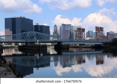 Newark, NJ - June 28 2020: View of bridges on the Passaic River and the skyline of downtown Newark
