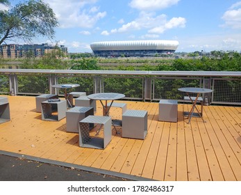 Newark, NJ - June 28 2020: Chess Tables And Chairs At Essex County Riverfront Park