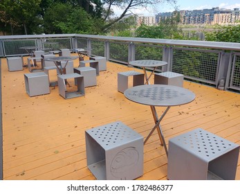 Newark, NJ - June 28 2020: Chess Tables And Chairs At Essex County Riverfront Park