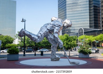 Newark, NJ - May 15,2022: Giant steel hockey player sculpture at the New Jersey Devils Championship Plaza outside the Prudential Center