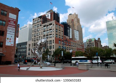 Newark, NJ - September 19 2015: Giant steel hockey player sculpture at the New Jersey Devils Championship Plaza outside the Prudential Center