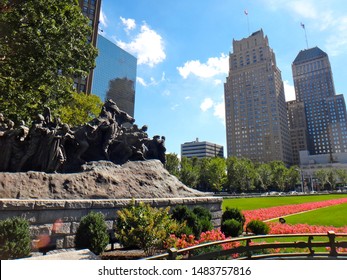 Newark, NJ - September 19 2015: Military Park, an expansive public space in the heart of downtown Newark