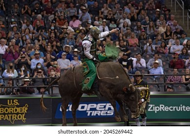 NEWARK, NJ - SEPTEMBER 19: Bull Riders Compete On Day Two Of The Professional Bull Riders 2021 Unleash The Beast Event At Prudential Center On September 19, 2021 In Newark, New Jersey.