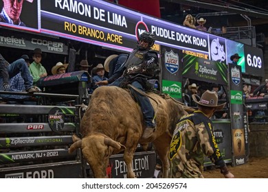 NEWARK, NJ - SEPTEMBER 19: Bull Riders Compete On Day Two Of The Professional Bull Riders 2021 Unleash The Beast Event At Prudential Center On September 19, 2021 In Newark, New Jersey.