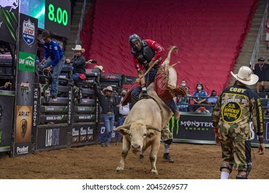 NEWARK, NJ - SEPTEMBER 19: Bull Riders Compete On Day Two Of The Professional Bull Riders 2021 Unleash The Beast Event At Prudential Center On September 19, 2021 In Newark, New Jersey.