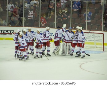 NEWARK, NJ - SEPTEMBER 23: The New York Rangers Celebrate A 4-3 Preseason Victory Over The New Jersey Devils On September 23, 2011 At The Prudential Center In Newark, NJ.