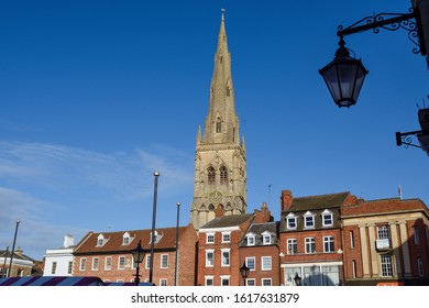 Newark On Trent, Nottinghamshire, UK. January 15th 2020. The Historic church of St Mary Magdalene boast the tallest Spire in The county of Nottinghamshire and stands amongst the towns buildings. 

