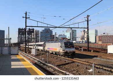 NEWARK, USA - NOVEMBER 1, 2018: NJ Transit Train Passing Harrison Station In Newark, New Jersey