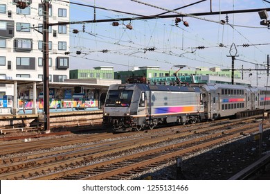 NEWARK, USA - NOVEMBER 1, 2018: NJ Transit Train Passing Harrison Station In Newark, New Jersey