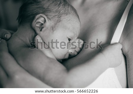 Similar – Newborn lying on the bed with her mother