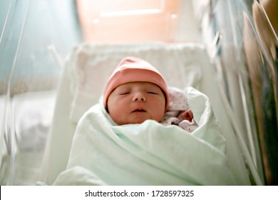 A Newborn Baby Asleep, Swaddled In Hospital Blanket And Wearing A Hat