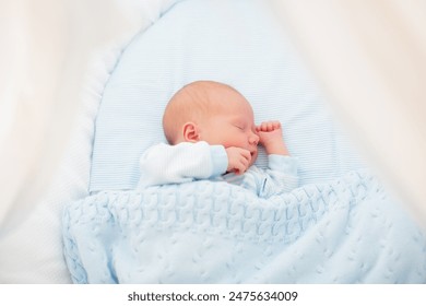 Newborn baby boy in bed. New born child sleeping under a blue knitted blanket. Children sleep. Bedding for kids. Infant napping in bed. Healthy little kid shortly after birth. Cable knit textile. - Powered by Shutterstock