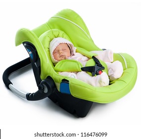 Newborn Baby In A Car Seat, Isolated On White