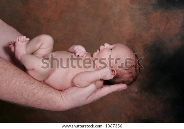 Newborn Baby Cradled Daddys Hands Stock Photo Edit Now