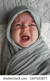 Newborn baby crying. Baby wrapped in a grey shawl. Over tired baby lying on its back screaming. Baby throwing a tantrum. - Shutterstock ID 1697631877