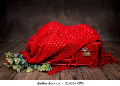 Newborn Baby Digital Background rusticretro red suitcase and crocket knit on a dark brown wood floor