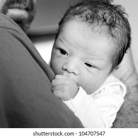 Newborn Baby Girl And Father. Child Abuse Concept.