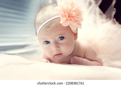 Newborn Baby Girl With A Piercing Look With A Flower In Her Hair 