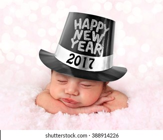 Newborn Baby Girl Wearing A Happy New Year  2017 Hat. 