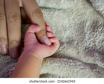 Newborn baby grasping her mother's finger. Concept of baby care, feeling safe, parent love. Selective soft focus.