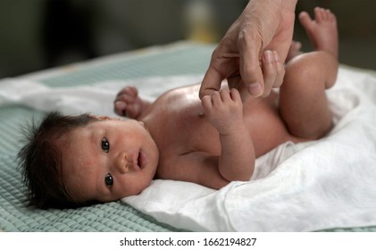 The newborn baby has a rash and red spots on the face, grasping the mother's finger, preparing to take a bath by her mother. - Shutterstock ID 1662194827