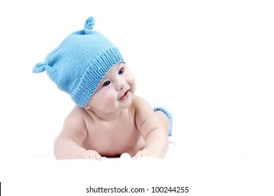 Newborn Baby In The Hat, Isolater On The White Background