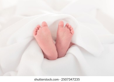 Newborn baby in hospital room. Close up of baby feet. New born child in wooden co-sleeper crib. Infant sleeping in bedside bassinet. Cute tiny foot. Little boy taking a nap under knitted blanket. - Powered by Shutterstock