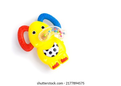 Newborn Baby Plastic Chew Toy Teething Toys For Children Yellow Elephant Shaped Toy Isolated On White Background.